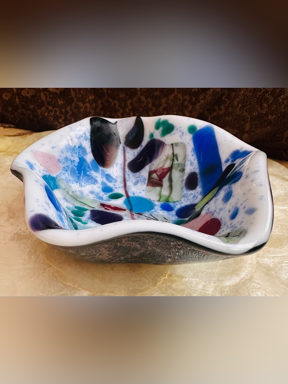 Hand-Blown Decorative Glass Bowl/in Iridescent with multi color accents